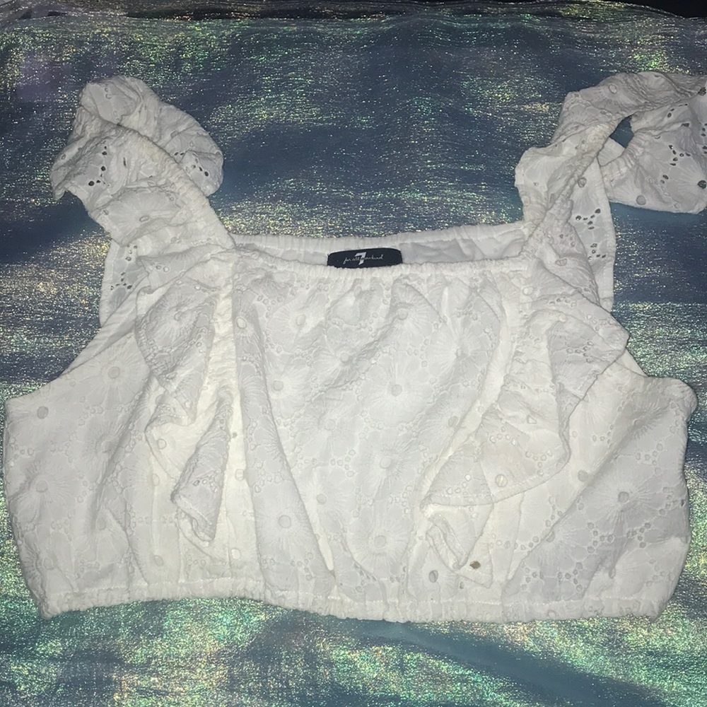 7 For All Mankind White Eyelet Lace Crop Top with Ruffles